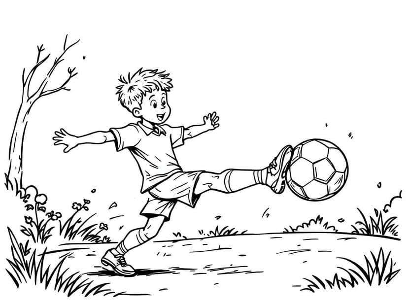 Coloring page of a soccer scene