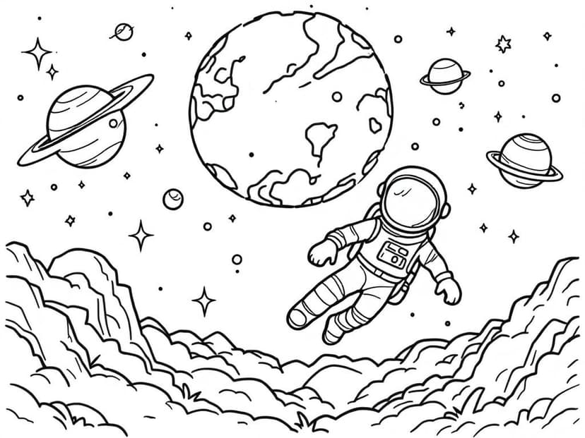 Coloring page of an outer-space scene
